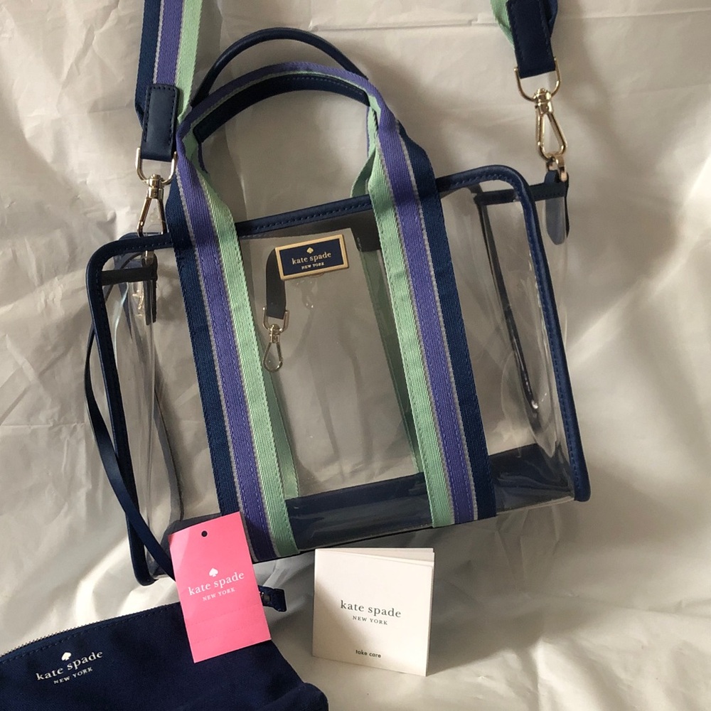 Kate Spade blue multi color see through satchel with adjustable crossbody NWT